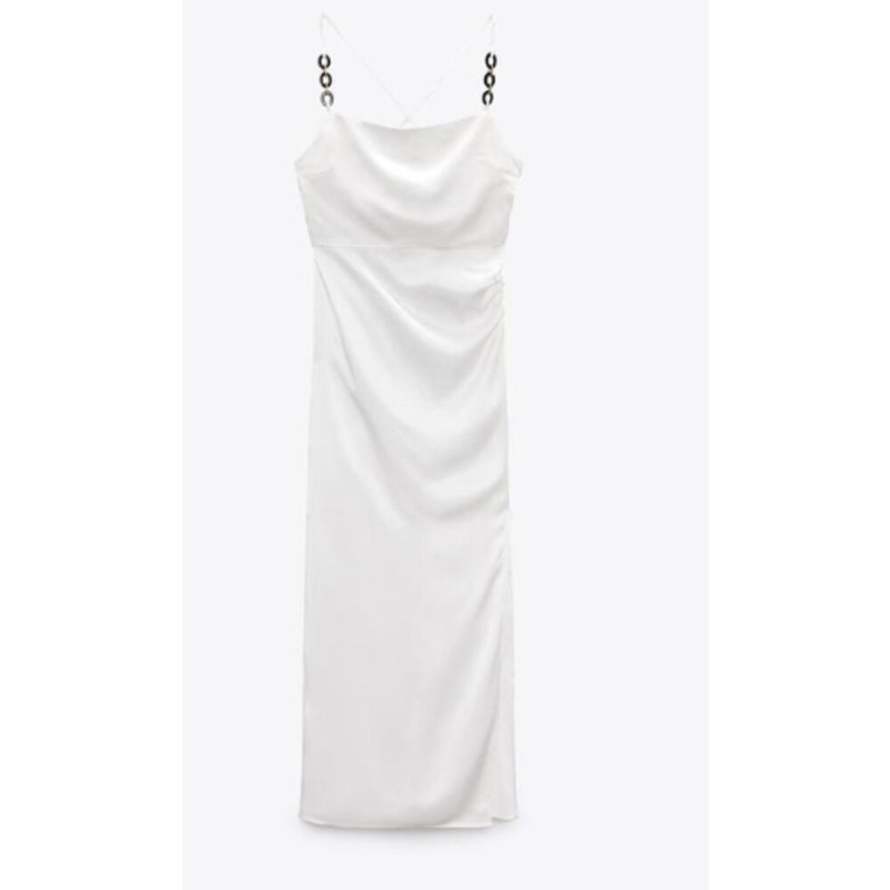 Zara White Satin Effect Spaghetti Strap Maxi / Midi Dress with Slit Size Small - Picture 2 of 11